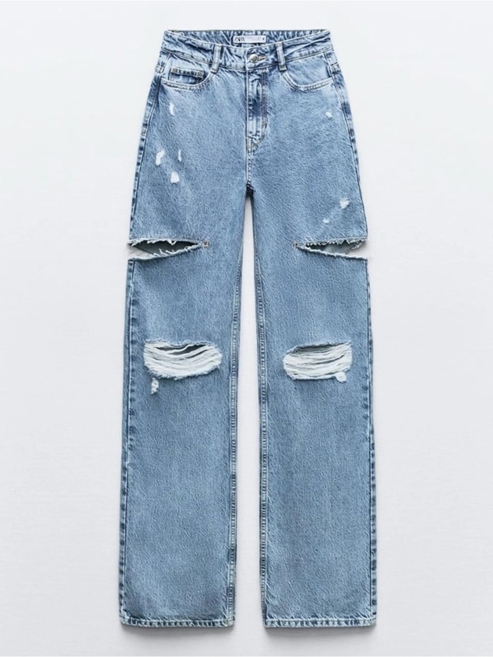 Zara Z1975 Mid- Waist Light Blue Distressed Straight-Leg Jeans Size 2